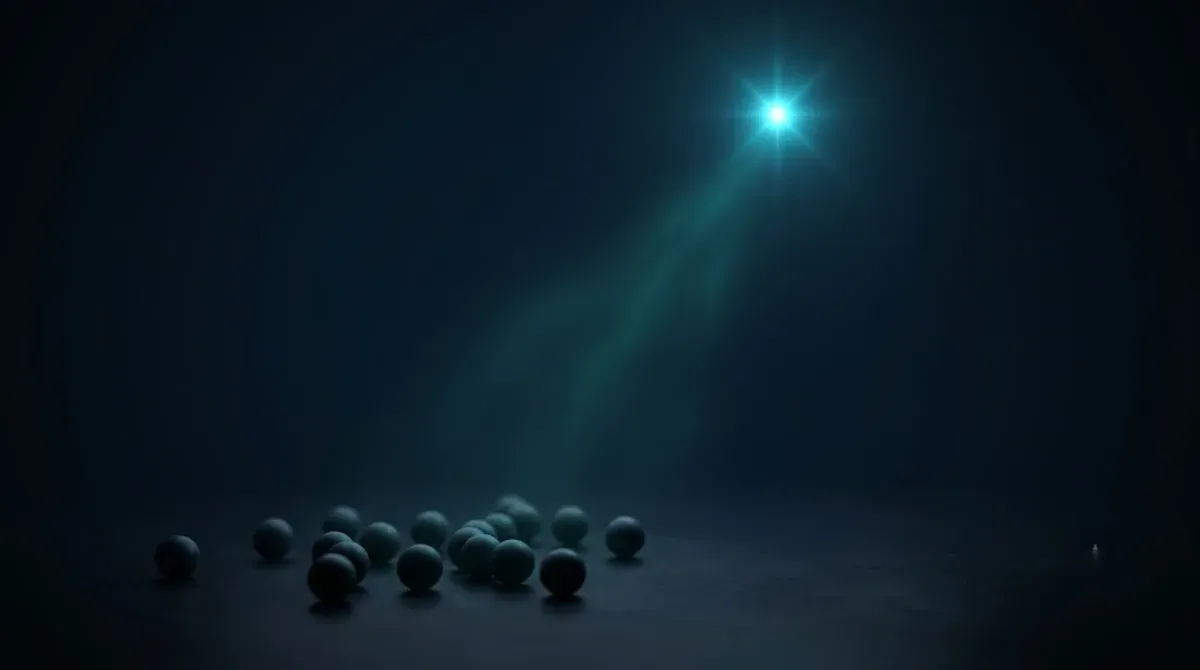 Một điểm sáng dẫn đường phía trên các tín hiệu nhỏ mờ trong nền tối, ẩn dụ North Star Metric