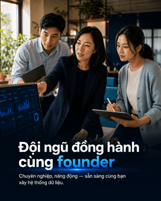 Đội ngũ đồng hành cùng founder, chuyên nghiệp, năng động, sẵn sàng cùng bạn xây hệ thống dữ liệu.