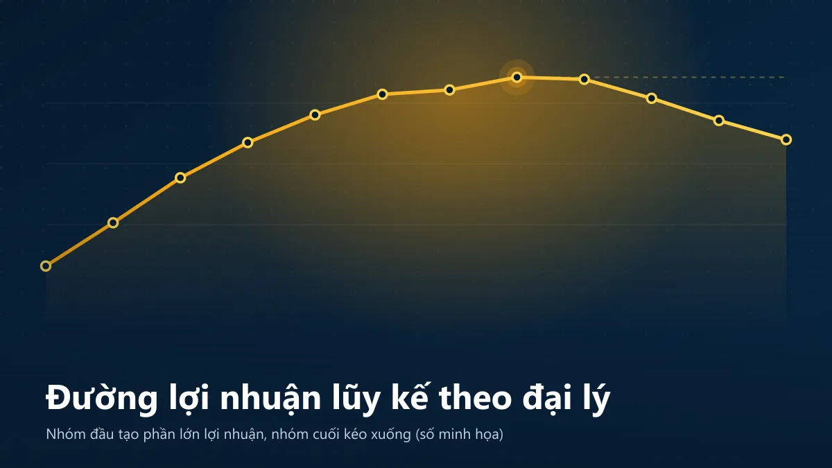 Đường lợi nhuận lũy kế đi lên, đạt đỉnh rồi tụt xuống ở nhóm đại lý cuối bảng (số minh họa)