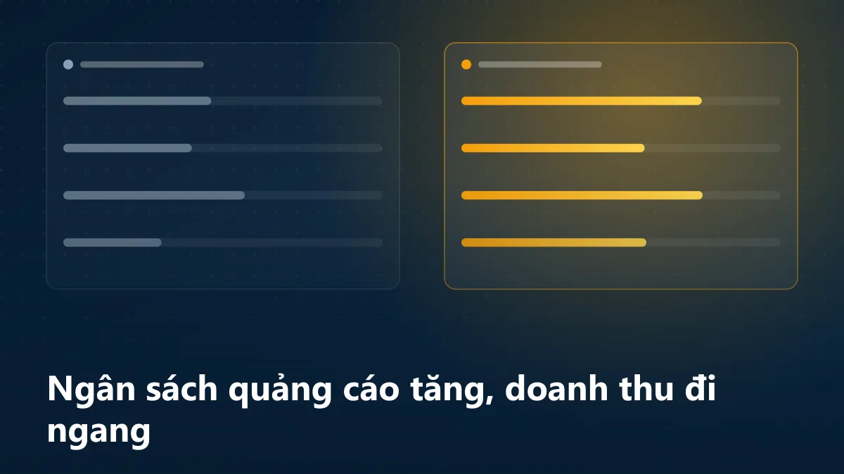 Hai bảng so sánh: ngân sách quảng cáo đi lên rõ rệt bên trái, doanh thu gần như đi ngang bên phải