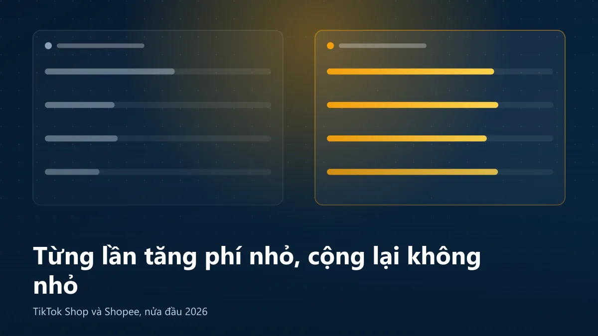 Minh họa nhiều lần tăng phí nhỏ cộng dồn trên TikTok Shop và Shopee nửa đầu 2026